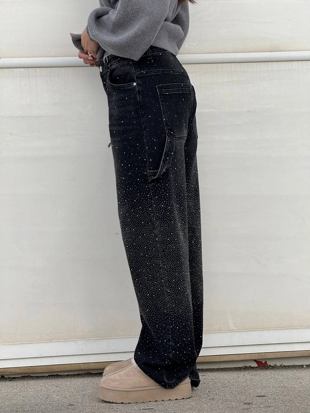 Neue Trendhose: Damen Baggy Jeans mit Glitzer-Details, weite Wide Leg Form für einen entspannten Look.