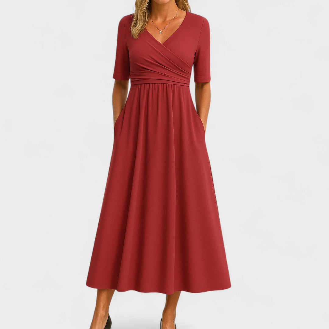 Figurumspielendes Damen Wickelkleid Elsa mit V-Ausschnitt und Rockteil, ideal für Abendgarderobe.