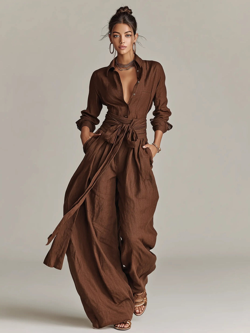 Vielseitiger Damen Jumpsuit: Langarm Overall mit Hemdkragen, Bindegürtel & weitem Bein. Für Büro & Freizeit Mode.