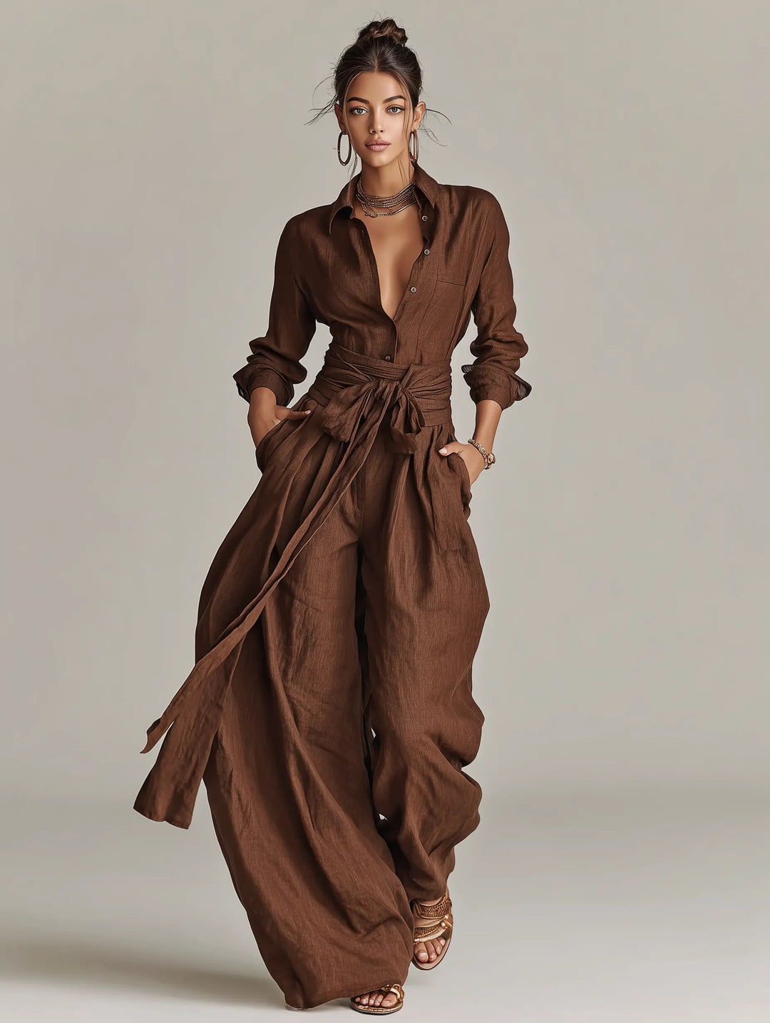 Vielseitiger Damen Jumpsuit: Langarm Overall mit Hemdkragen, Bindegürtel & weitem Bein. Für Büro & Freizeit Mode.
