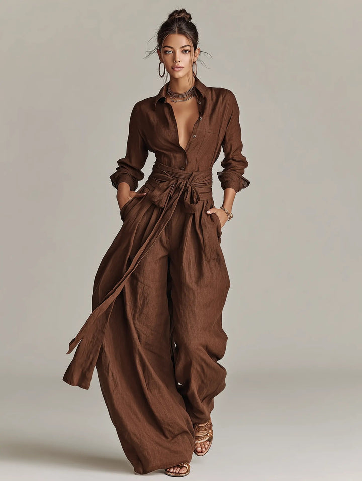 Vielseitiger Damen Jumpsuit: Langarm Overall mit Hemdkragen, Bindegürtel & weitem Bein. Für Büro & Freizeit Mode.