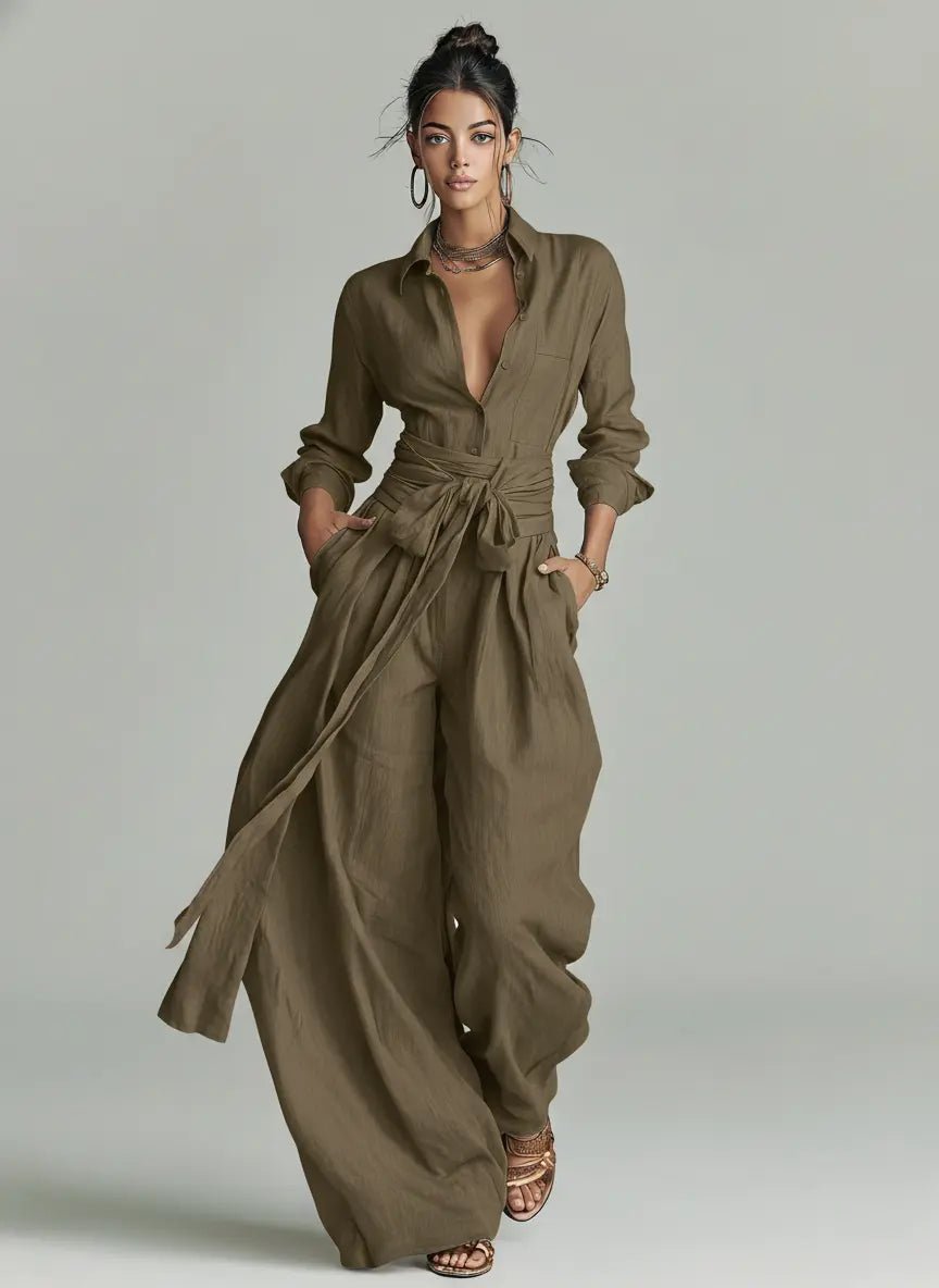 Damen Langarm Jumpsuit mit Hemdkragen & Bindegürtel. Eleganter Overall für Frühling, Sommer & Herbst Mode.