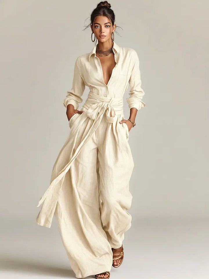 Chic Damen Jumpsuit: Langarm Overall mit Hemdkragen & Bindegürtel. Perfekt für elegante Büro-Outfits & Freizeit.