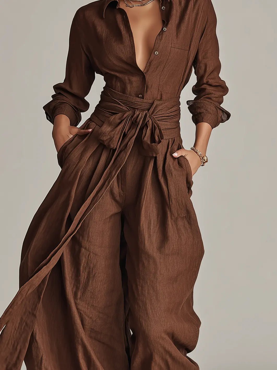 Moderner Damen Overall: Langarm Jumpsuit mit Hemdkragen & Bindegürtel. Ideal für elegante Looks im Büro & Alltag.