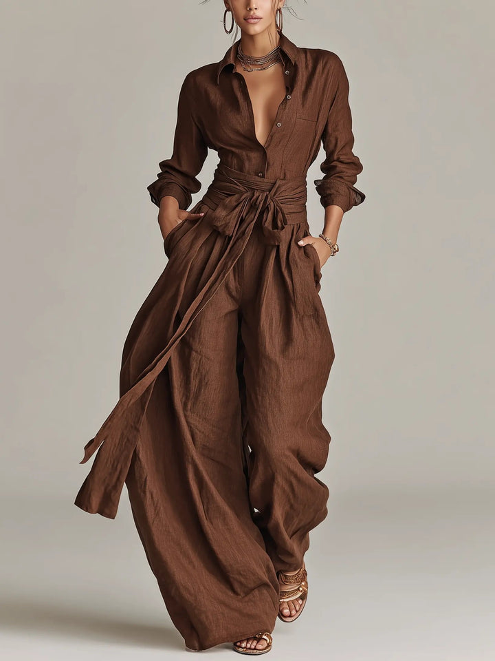 Eleganter Damen Jumpsuit Langarm mit Hemdkragen & Bindegürtel. Moderner Overall mit weitem Bein für stilvolle Auftritte.
