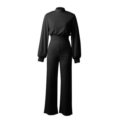 Vielseitiger Damen Jumpsuit in Schwarz mit eleganten Puffärmeln & weitem Bein, ganzjährig tragbar für jeden Anlass.