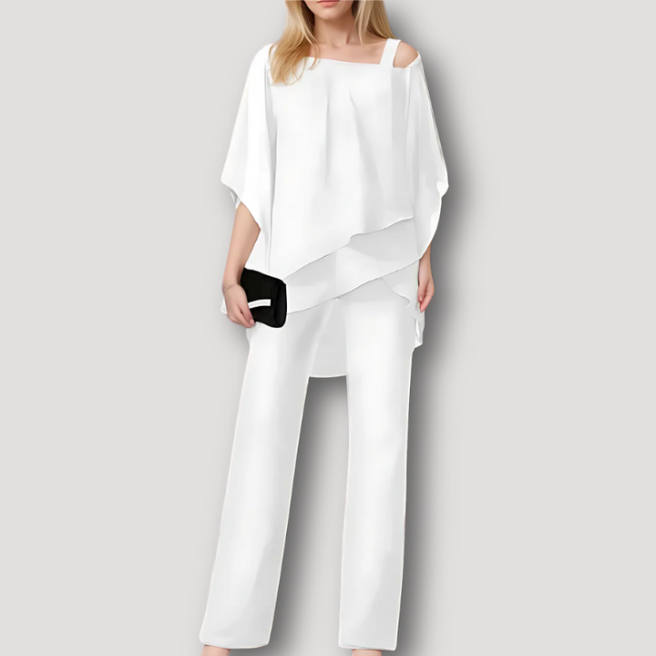Eleganter Damen Jumpsuit, Zweiteiler, mit modernem Cold-Shoulder-Design für festliche Anlässe.