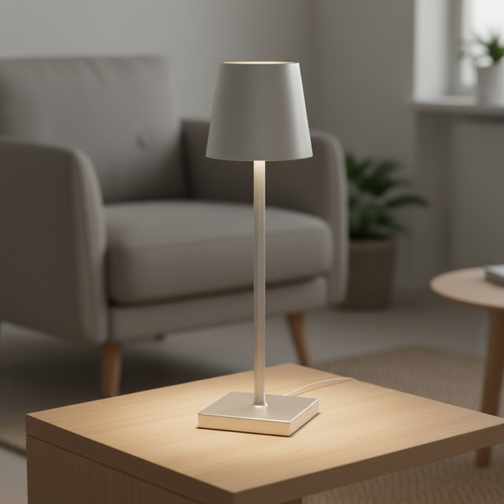 Elegante kabellose LED Aluminium-Tischlampe für stilvolles Ambiente im Innen- und Aussenbereich. Dimmbar.