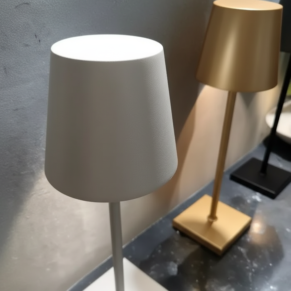 Vielseitige LED Akku-Tischlampe aus Aluminium für dimmbare Ambientebeleuchtung in Innen- & Aussenbereichen.