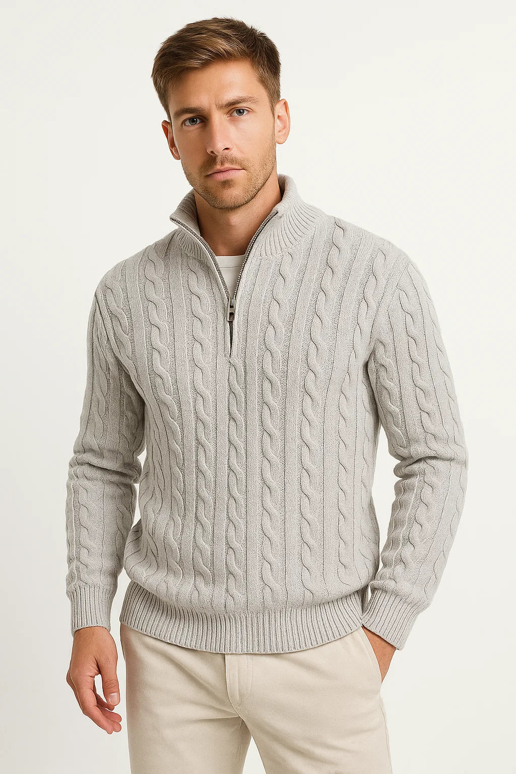 Casual Herren Strickpullover mit Zopfmuster. Vielseitiges Langarm-Oberteil mit Reißverschluss-Kragen für Freizeit.