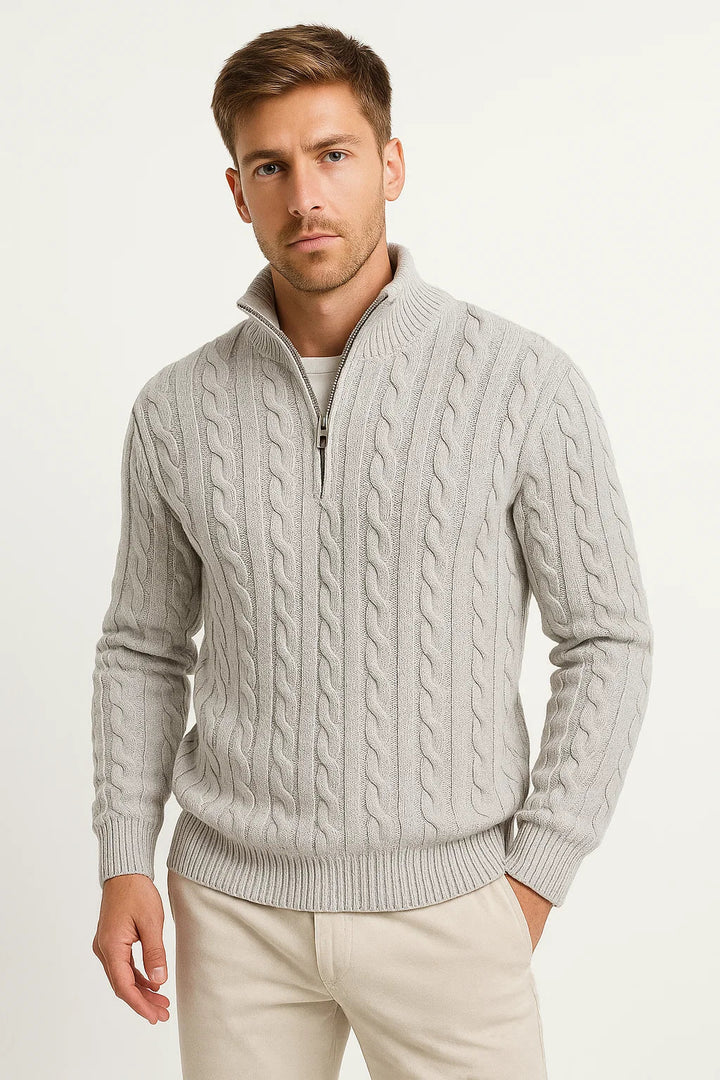 Casual Herren Strickpullover mit Zopfmuster. Vielseitiges Langarm-Oberteil mit Reißverschluss-Kragen für Freizeit.