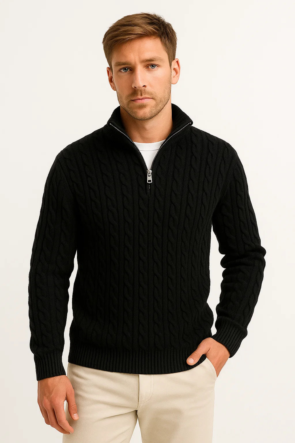 Eleganter Herren Frühlings-Strickpullover mit Zopfmuster und Reißverschluss. Moderne Herrenmode, bequem und stylisch.