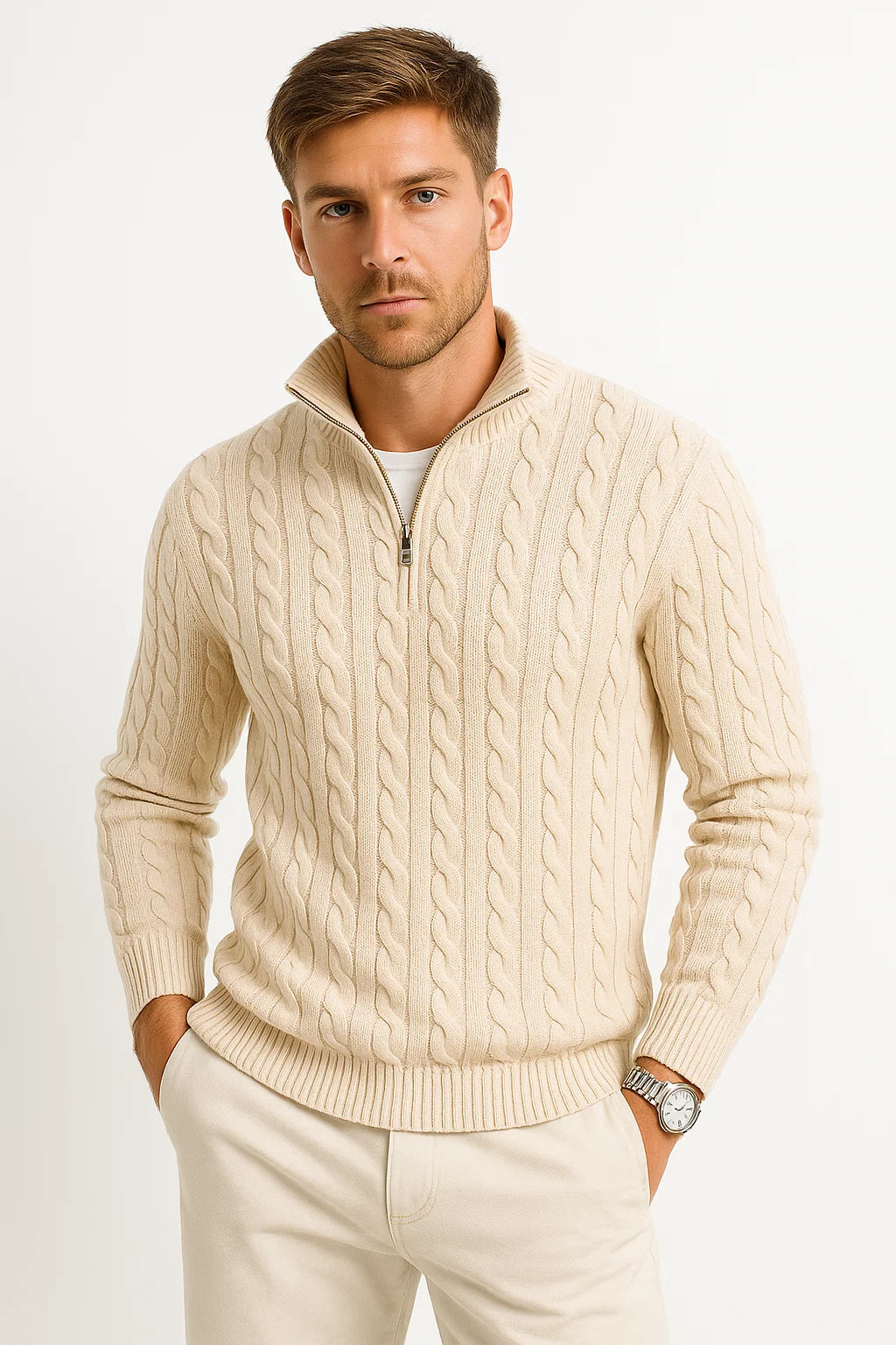 Nahaufnahme Herren Strickpullover Zopfmuster, Reißverschluss-Kragen Detail. Frühlingsmode, bequem, langarm.