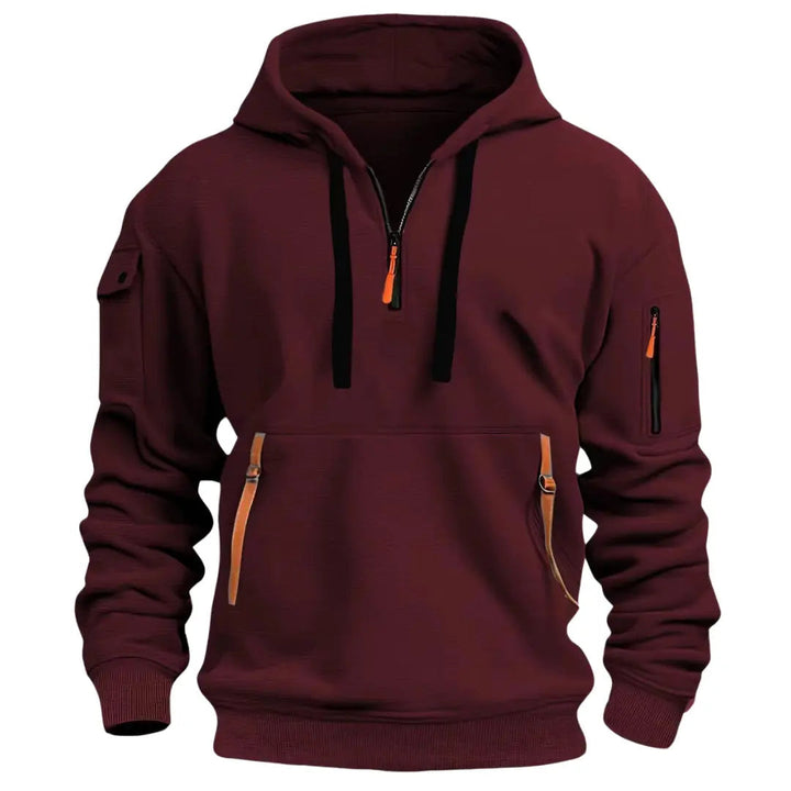 Gemütlicher Herren Hoodie mit Kapuze, sportlich und warm. Troyer-Reißverschluss-Pullover ideal für kühle Herbsttage.