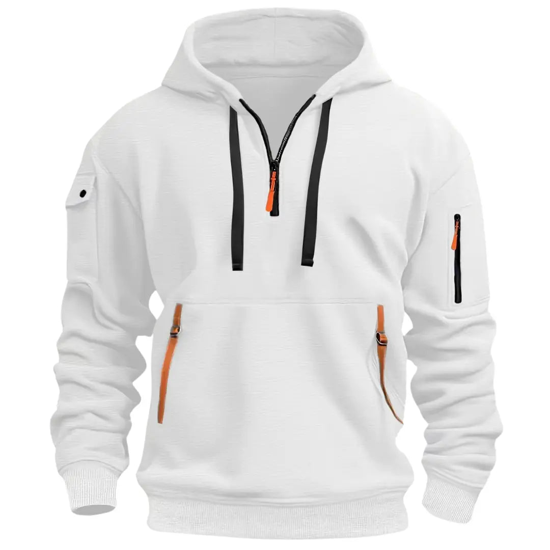 Herren Kapuzenpullover in voller Ansicht, sportlicher Schnitt mit Troyer-Reißverschluss. Bequemer Hoodie für Freizeit.