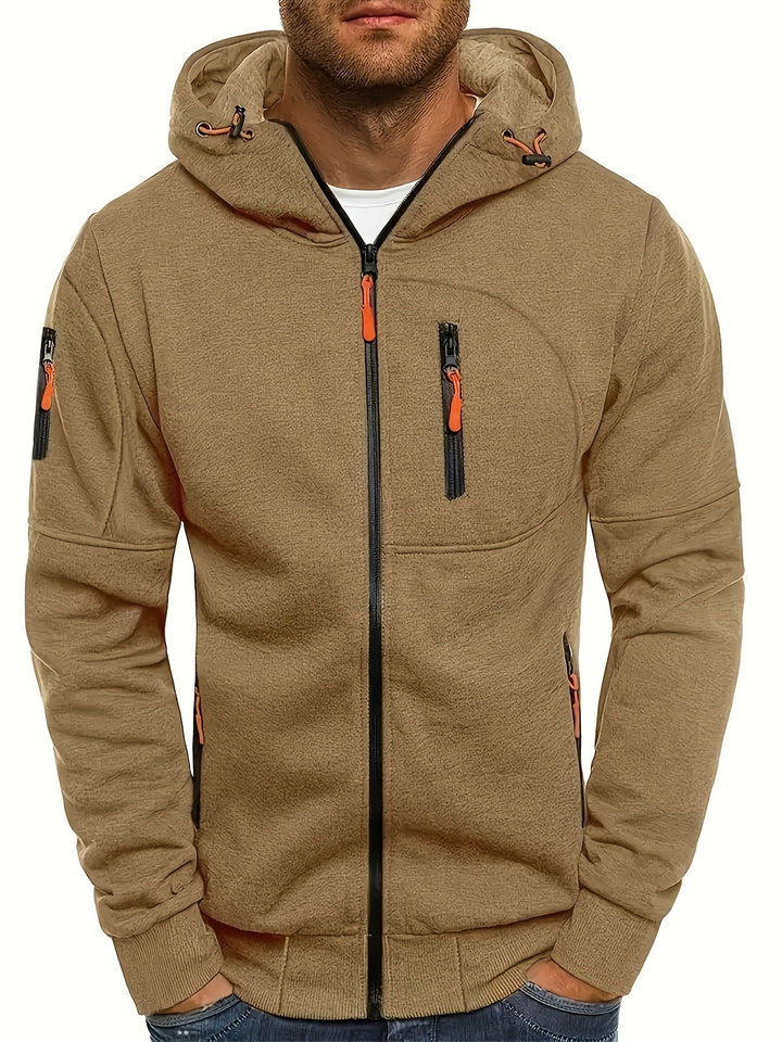 Moderner Herren Zip-Hoodie in Dunkelblau, mit Kapuze und praktischem Reißverschluss. Freizeitbekleidung.