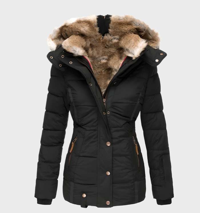 Damen Slim Fit Winterjacke Aurora mit warmer Kapuze. Stylische Outdoor Jacke für Frauen, idealer Kälteschutz.