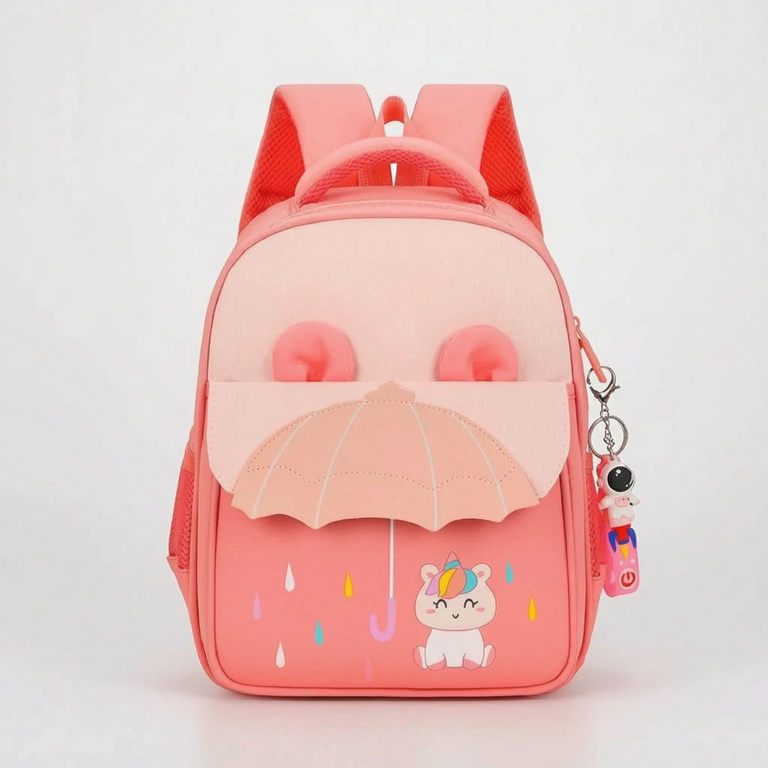 Vorderansicht des farbenfrohen Kinderrucksacks mit auffälligem Cartoon-Motiv und Reißverschluss.
