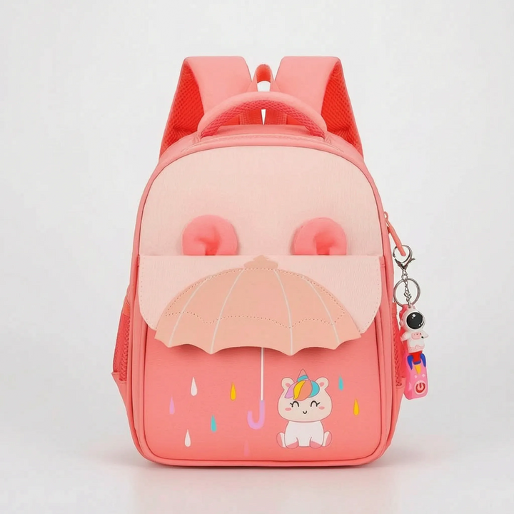 Vorderansicht des farbenfrohen Kinderrucksacks mit auffälligem Cartoon-Motiv und Reißverschluss.