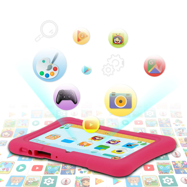 Kompaktes 7 Zoll Kinder-Tablet, leicht für kleine Hände zu halten. Perfekt für mobiles Lernen & Spielen.