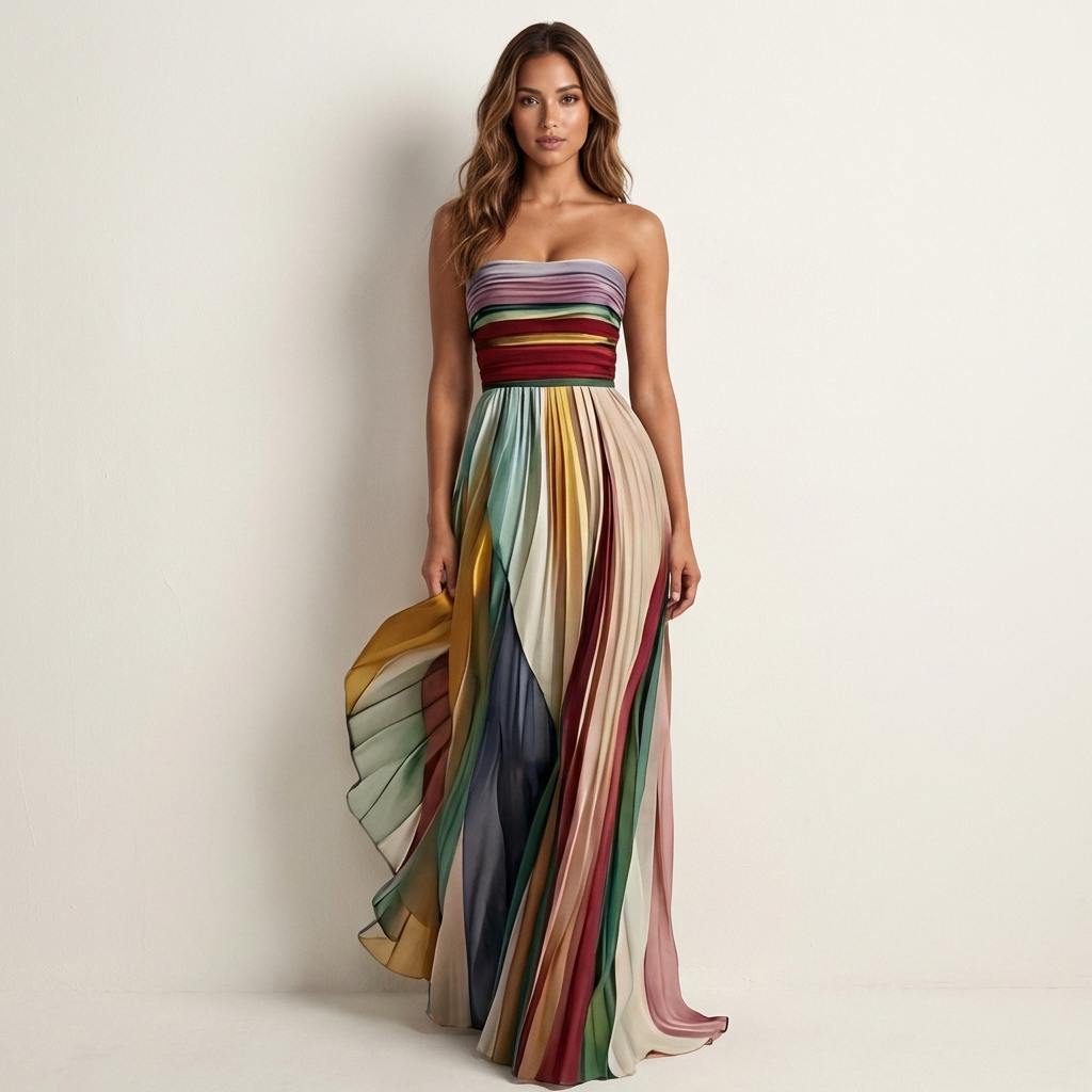 Damen Plissee Maxikleid, trägerloses Bandeau Sommerkleid, elegant und leicht für Urlaub & Party.