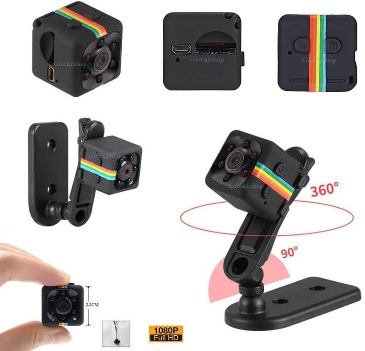 NightMini Spionagekamera mit Zubehör wie Ladekabel und Halterung für vielseitige Überwachung.