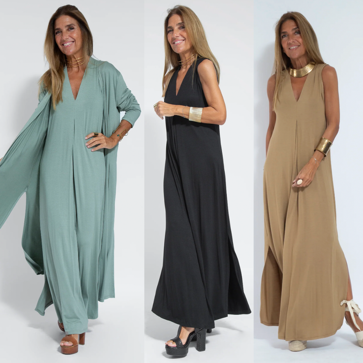 Zeitloses Damen Outfit: Elegantes Zweiteiliges Kleid mit Weste für einen ansprechenden, vielseitigen Slim-Fit Stil.