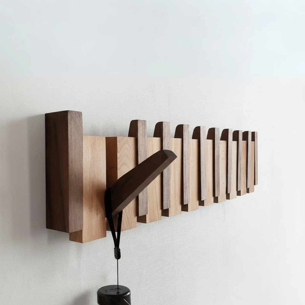 Künstlerischer Wandhaken aus massivem Buchenholz, ideal für Garderobe und Kleider. Modernes Design.