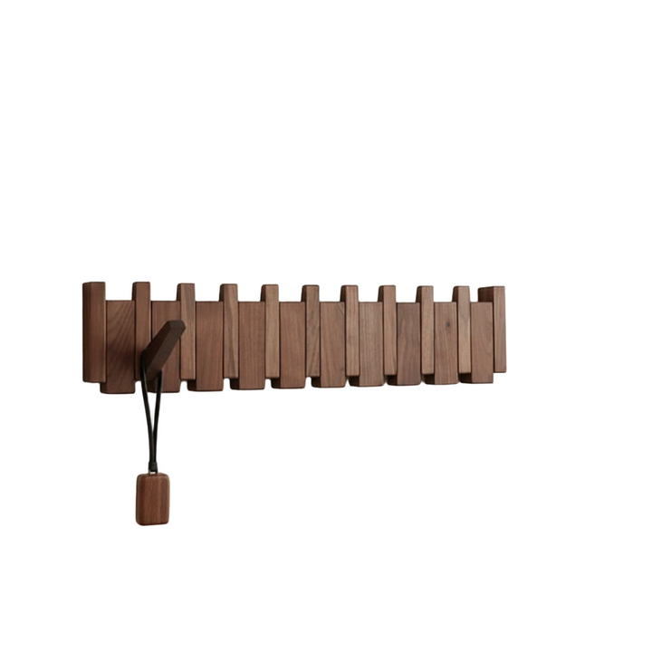 Künstlerischer Wandhaken aus Holz (Buche/Walnuss) für stilvolle Ordnung im Flur. Modernes Design als Garderobe.