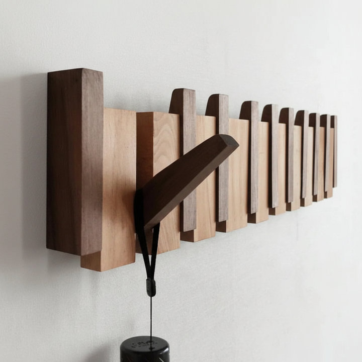 Eleganter Holz-Wandhaken aus Walnuss, künstlerisch gestaltet für moderne Flur-Aufbewahrung und Organisation.