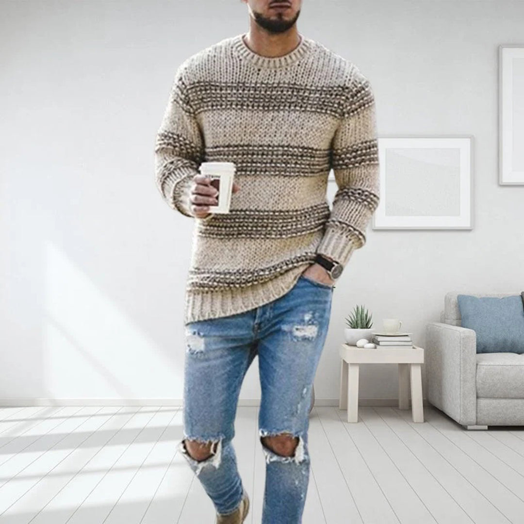 Herren Strickpullover gestreift, mehrfarbig, langärmlig. Stilvoller Casual-Pullover für den Alltag und Winter.