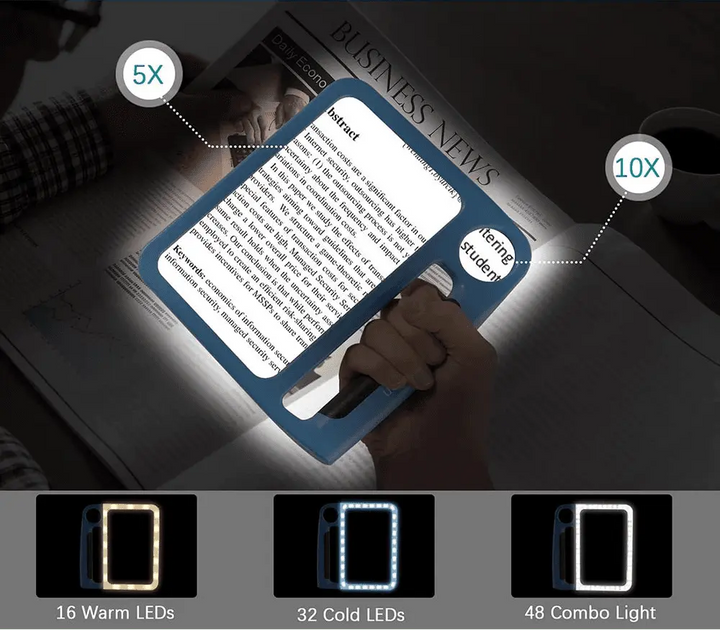 Praktische LED Lesehilfe & Sehhilfe für Senioren. Handlupe mit 5x/10x Vergrößerung & dimmbarem Licht, USB-aufladbar.