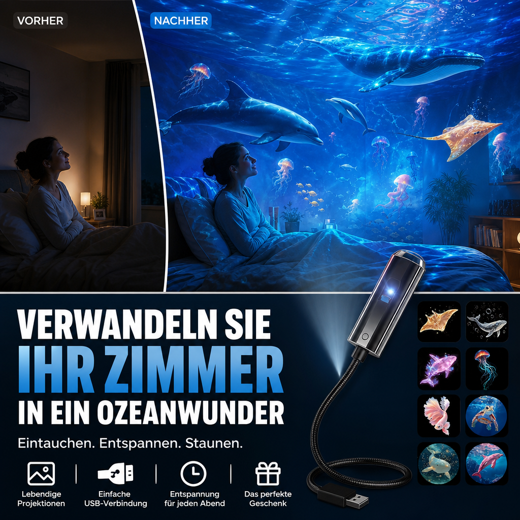 USB Sternenhimmel Projektor mit 10 Wechselmotiven wie Galaxie, Ozean. Ideal als Stimmungslicht & Nachtlicht.