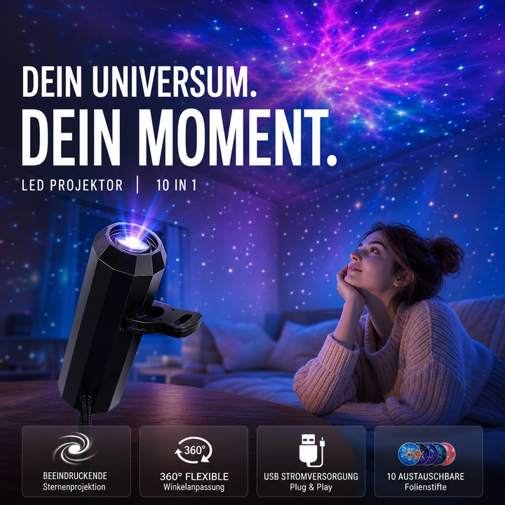 Galaxie Projektor an der Wand: Der USB-Wandprojektor schafft faszinierende Sternenhimmel-Lichteffekte im Raum.