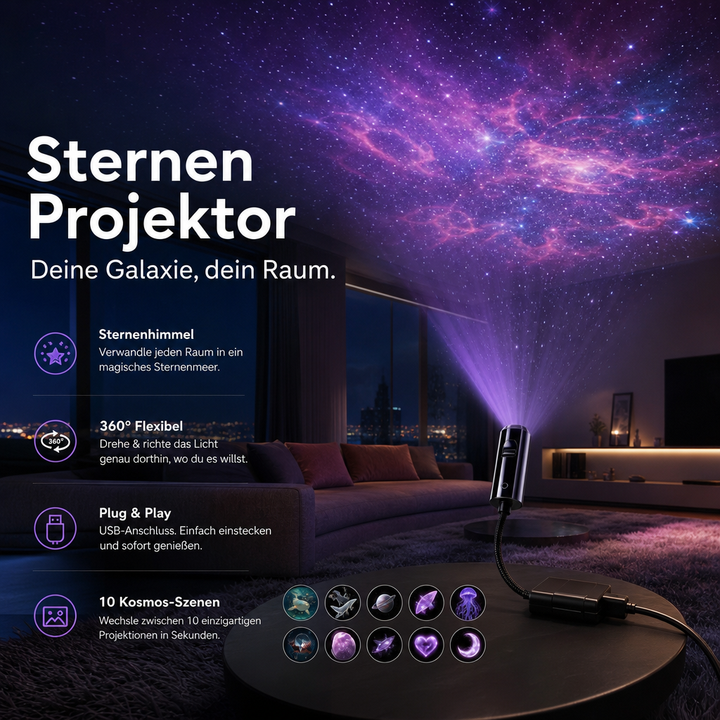 Multifunktionaler USB Projektor für Decke & Wand. Bietet 10 Motive inkl. Sternenhimmel, Galaxie & Ozean.