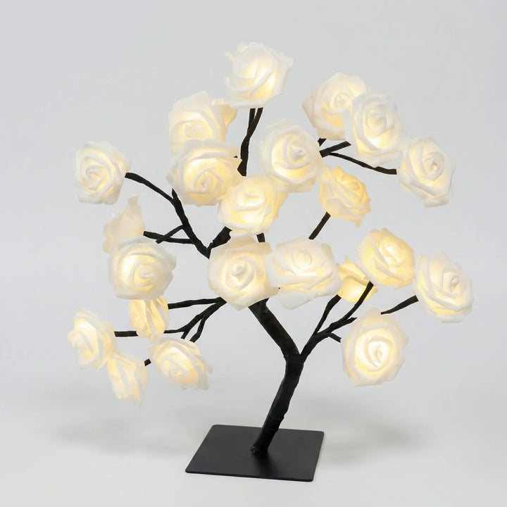 Elegante LED-Rosenbaum-Blütenlampe, sanftes Stimmungslicht für ein gemütliches Wohn- oder Schlafzimmer.