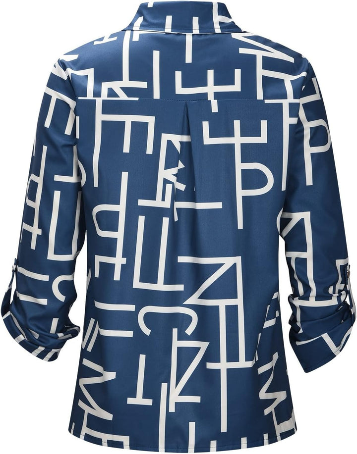 Modische Damen Bluse mit Langarm und V-Ausschnitt, elegantem Print, frontal gezeigt.