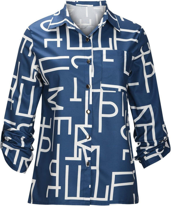 Nahaufnahme des eleganten Prints auf dem Damen Langarm Hemd, hochwertiger Stoff, modisches Detail.