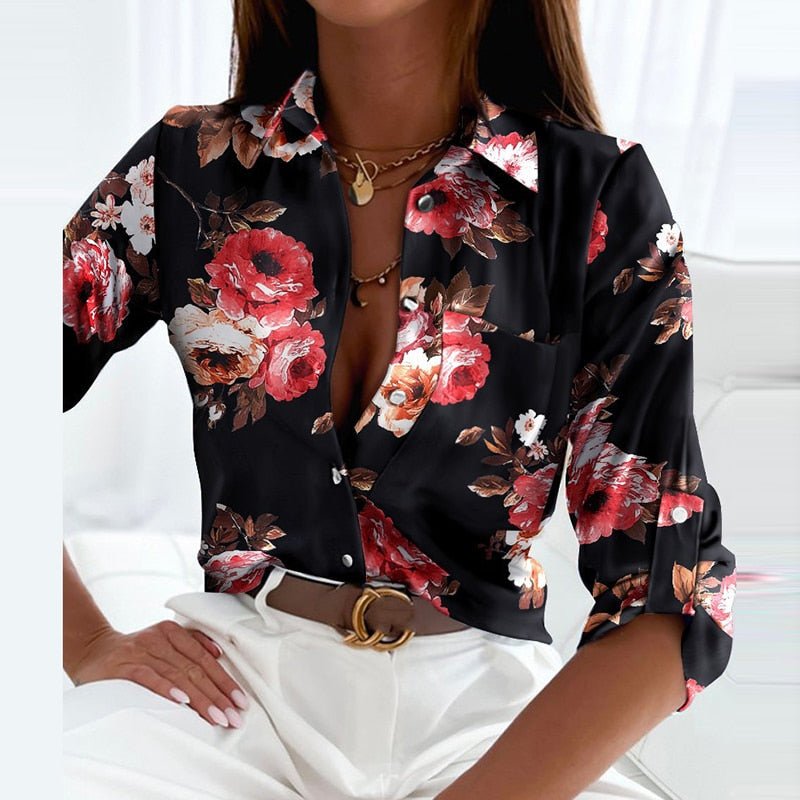Eleganter V-Ausschnitt des Damen Langarm Print Hemdes, modisch und schmeichelhaft.