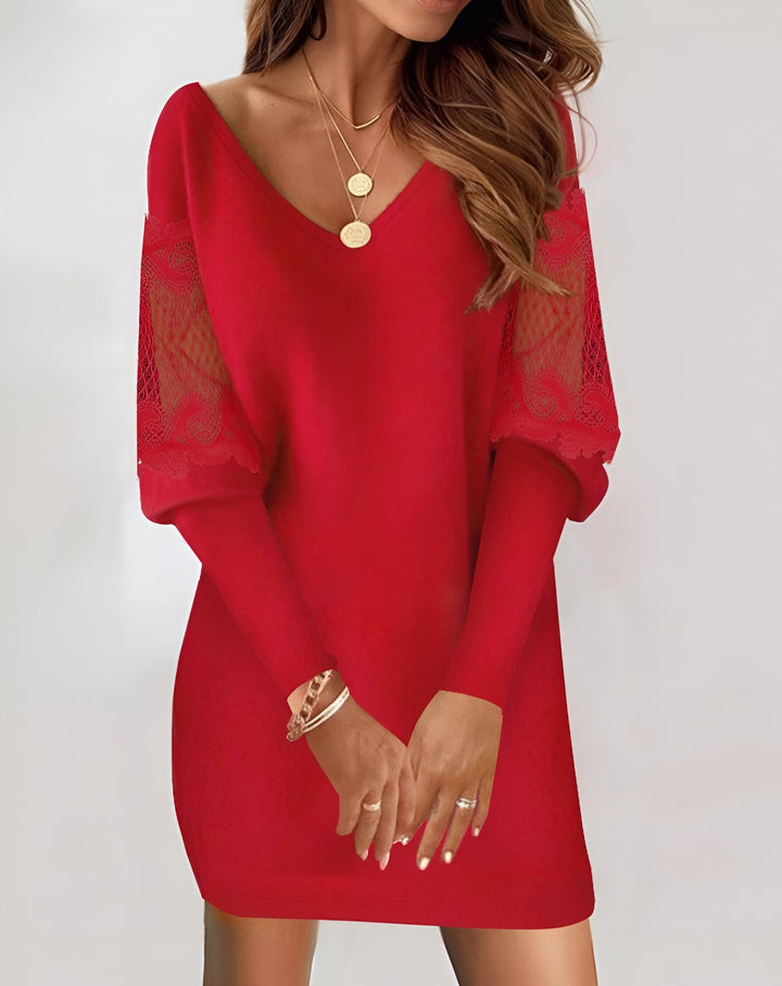 Vielseitiges Langarmkleid für Damen mit V-Ausschnitt & Spitze. Ideal als Freizeitkleid oder elegantes Abendkleid.