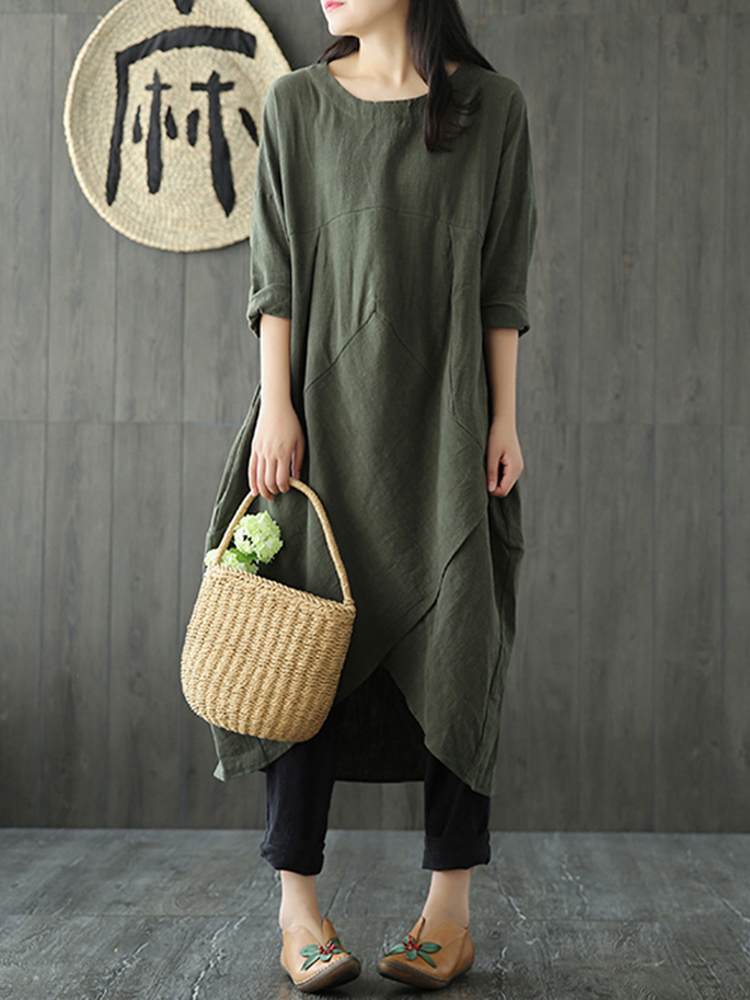 Bequemes graues Langarm-Midikleid für Damen, modisch und unregelmäßig geschnitten, ideal als Freizeitkleid.