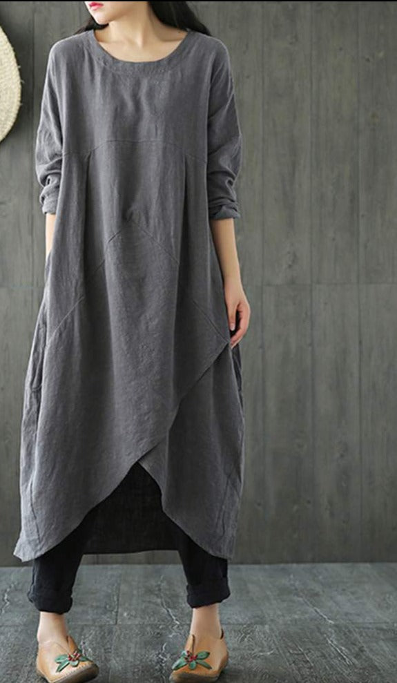 Elegantes schwarzes Damen-Midikleid mit langen Ärmeln, unregelmäßigem Saum, perfekt für Frühling/Herbst.