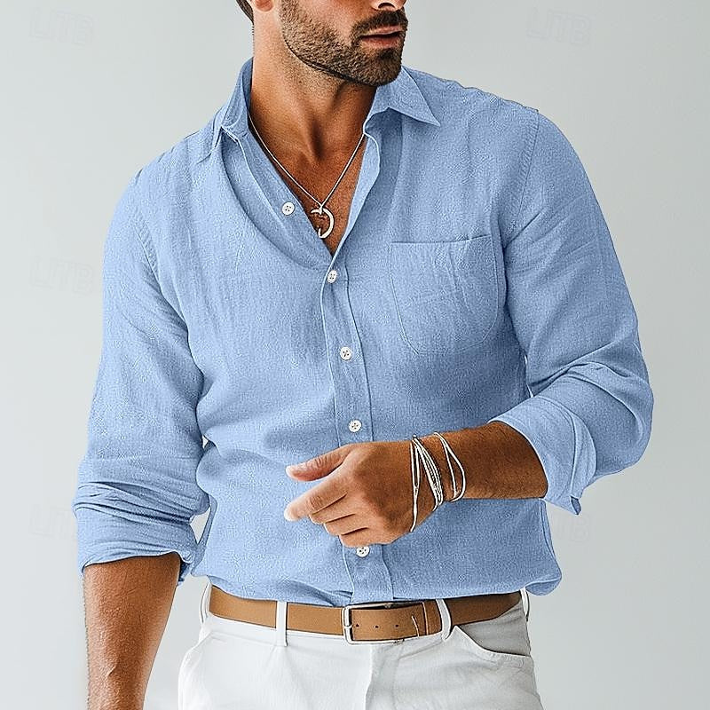 Elegantes grünes Herren Langarmhemd mit Reverskragen & Brusttasche; bequemes Uni-Hemd für Sommer & Freizeit.