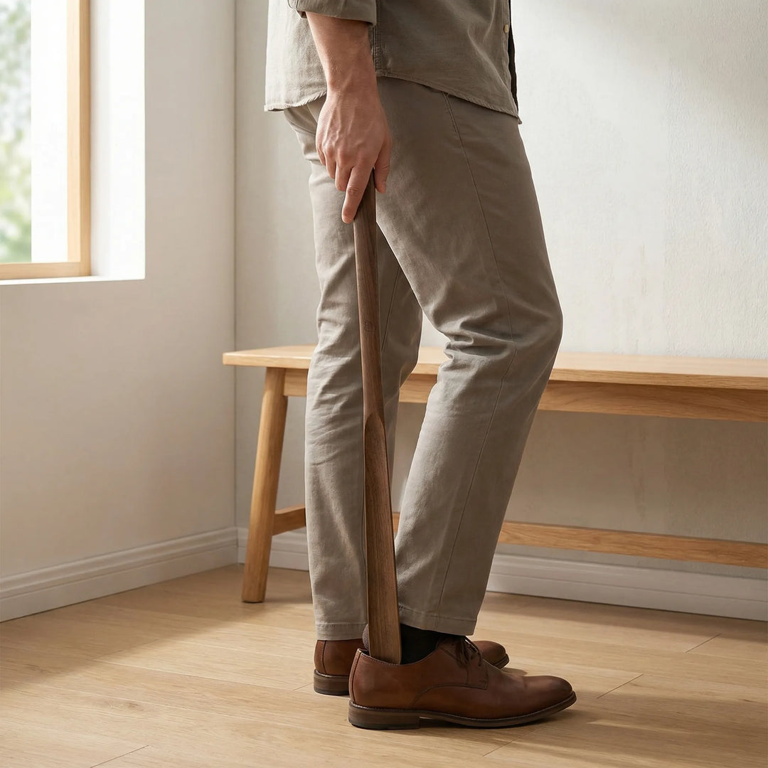 Langer Schuhlöffel aus Walnussholz, rückenfreundlich mit Magnetfunktion für komfortables Schuhe anziehen.