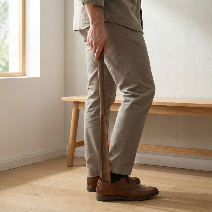 Langer Schuhlöffel aus Walnussholz, rückenfreundlich mit Magnetfunktion für komfortables Schuhe anziehen.