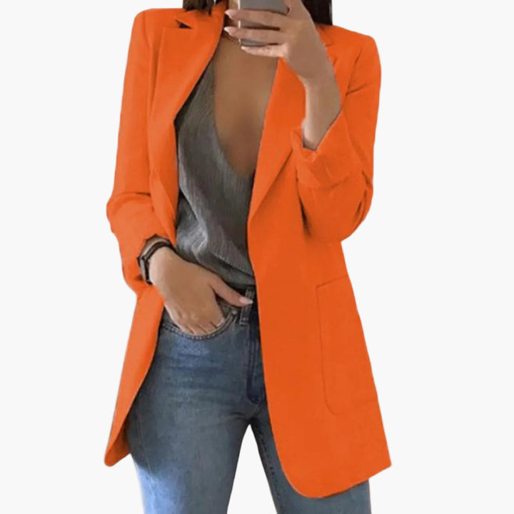 Professioneller Damen Business Blazer, langarm & lang geschnitten, perfekt für ein elegantes Büro-Outfit.