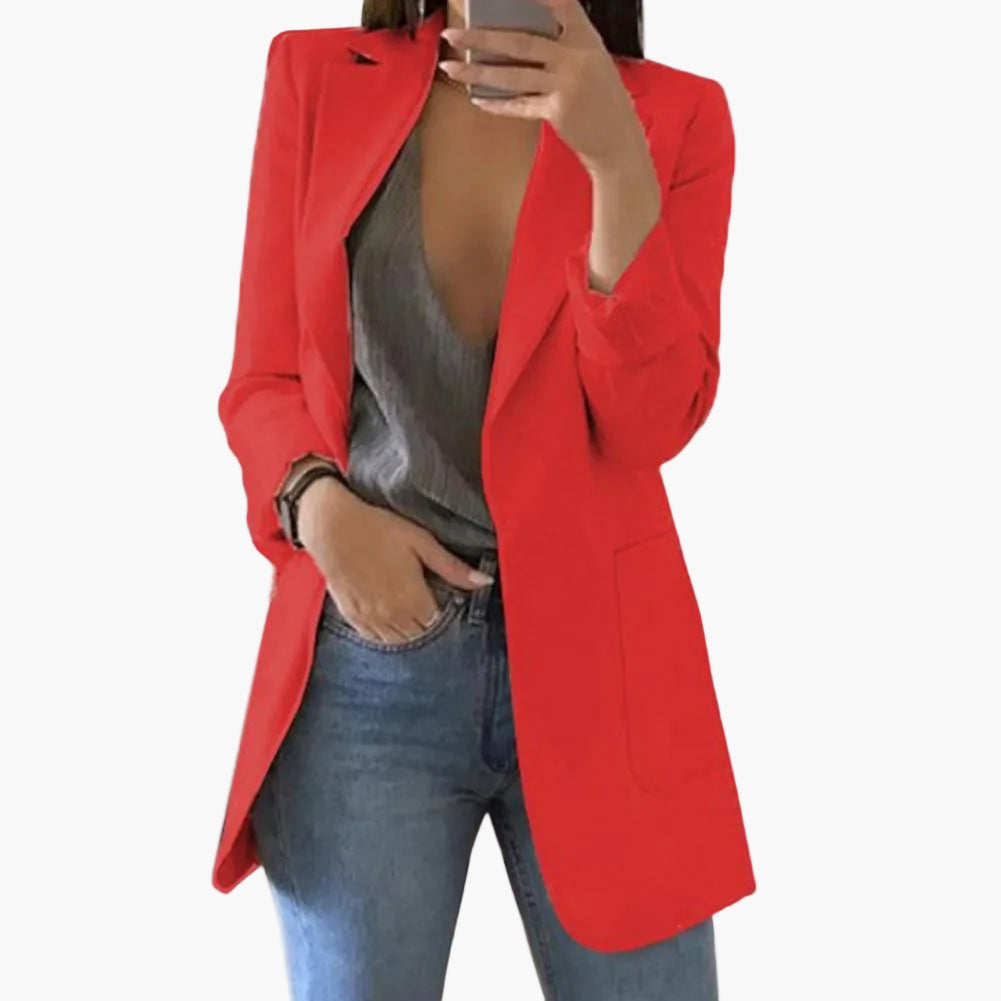 Zeitloser Damen Langarm Blazer, lang geschnitten, elegant für Business-Meetings oder entspannte Freizeit-Mode.