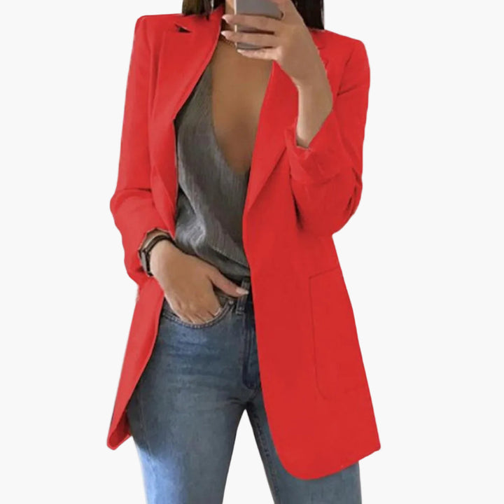 Zeitloser Damen Langarm Blazer, lang geschnitten, elegant für Business-Meetings oder entspannte Freizeit-Mode.