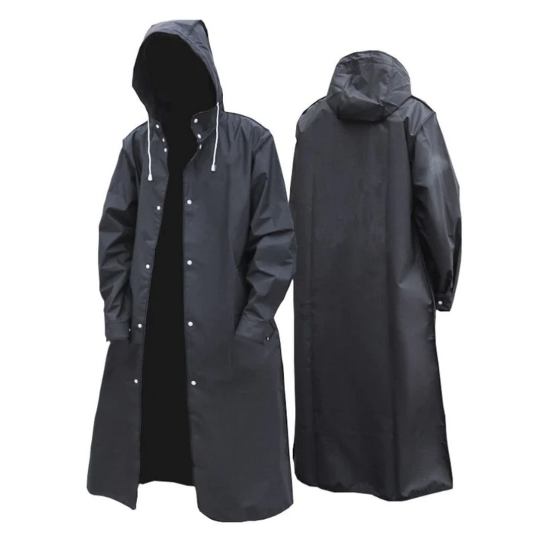 Schwarzer, langer Herren Regenmantel mit Kapuze. Wasserdicht und stilvoll für Business und Freizeit, ideal als Übergangsjacke.
