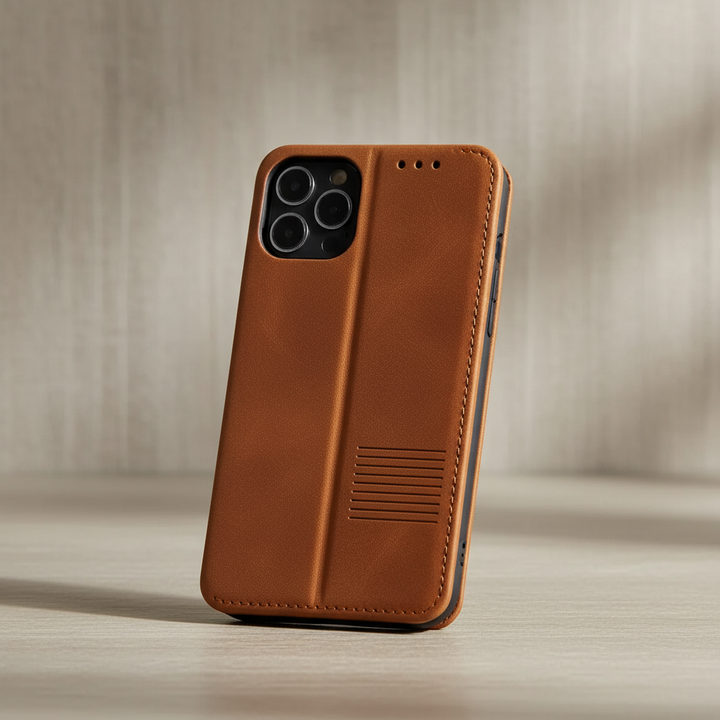 Elegante Leder Klapphülle für iPhone mit Kartenfach. Stilvoller Schutz in hochwertiger Lederoptik.